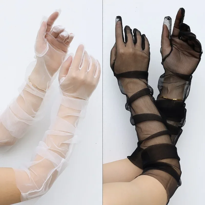 Sexy Lace Thin Transparent Hollow Breathable Long Elbow Gloves High Elasticity Mesh Tulle Women White Black Stocking Gloves