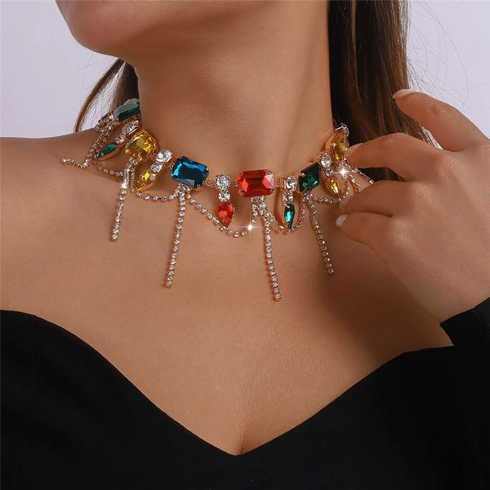 Stonefans Square Colorful Crystal Choker Necklaces for Women Geometric Clavicle Chain Necklaces Statements Jewelry