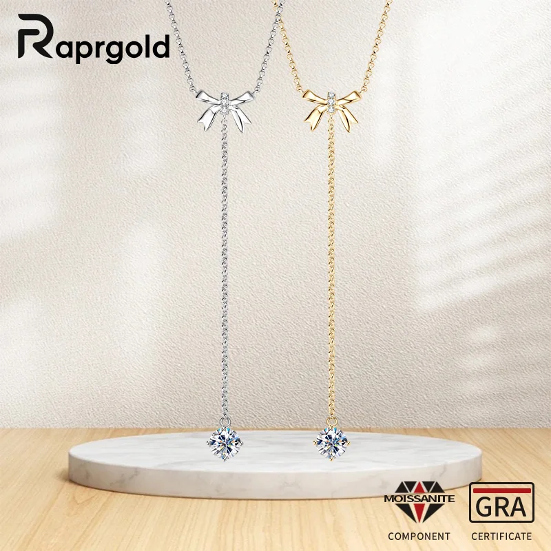 

RAPRGOLD D цвет муассанит кулон с бантом ожерелье для женщин стерлингового серебра 925 пробы Y-образная цепочка на ключицы ювелирные изделия подарки ошейники
