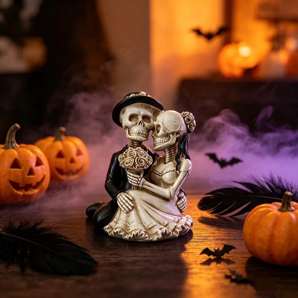 Skelett-Hochzeitspaar-Figur, Gotische Totenkopf-Braut-Bräutigam-Statue, Bis Der Tod Uns Trennt, Harz-Ornament, Halloween-Hochzeitstorten-Topper, Wohndekor-Geschenk