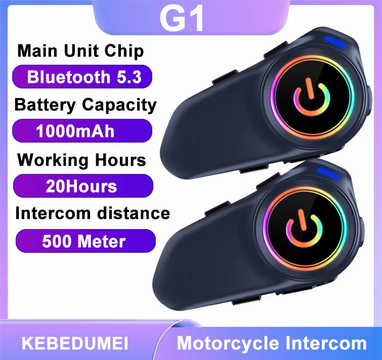 

G1 мотоциклетная гарнитура для внутренней связи, шлем, водонепроницаемый, 500 м, BT, беспроводной интеркоммуникатор для 2 гонщиков, музыкальное сообщение с RGB-подсветкой