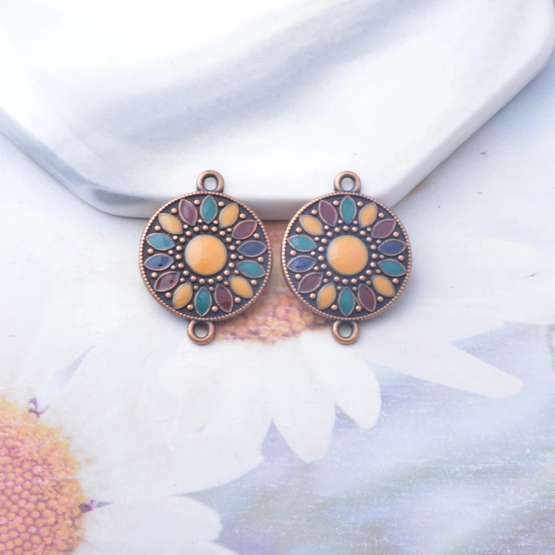 10 Stück Emaille-Rundanhänger aus Legierung, bunt, antikrot, Anhänger-Verbinder für DIY-Schmuck- und Ohrringherstellung – Detail 3