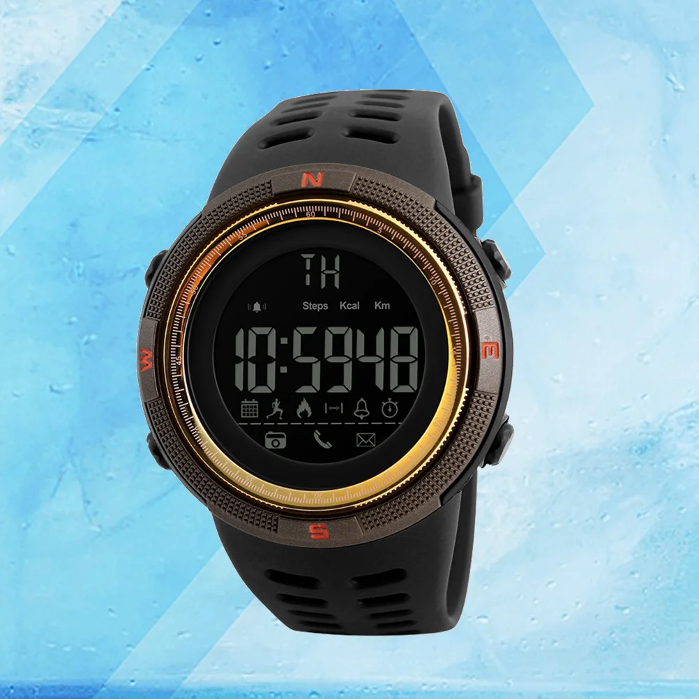 New Men's Smart Watch Male Fashion Casual Pedometer Calories Digital Watches Waterproof  Man Clock (Coffee and Golden)