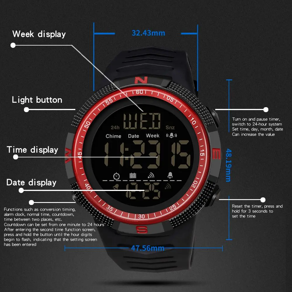 2022 New Digital Men Sports Fashion Watch Calendar Chronograph Alarm Clock 50M Waterproof Military Wristwatch Relogios Masculino