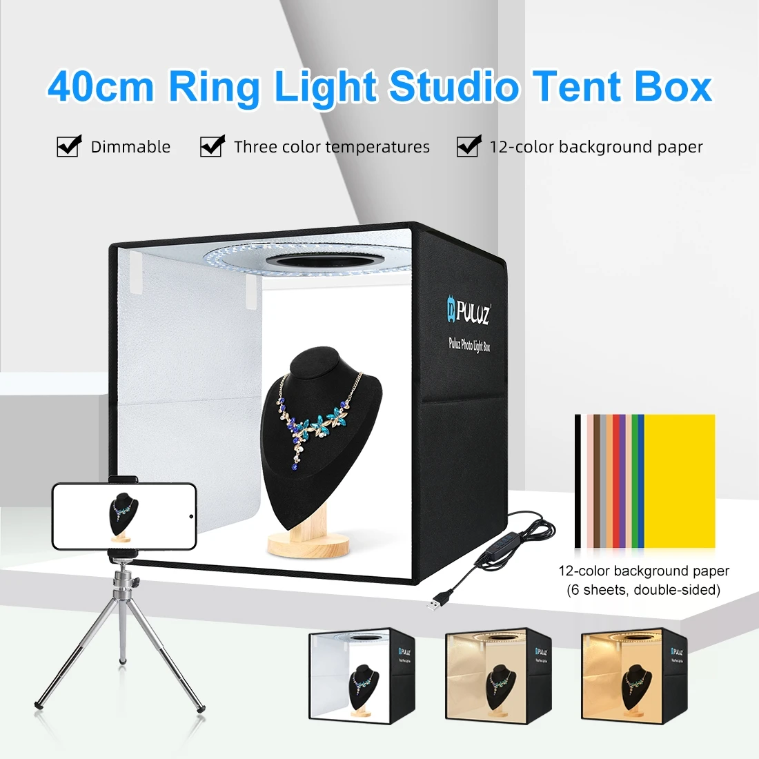 

PULUZ 40cm Folding Portable Ring Light USB Photo Lighting Studio Shooting Tent Box with 6 x Dual-side Color Backdrops Photo Box