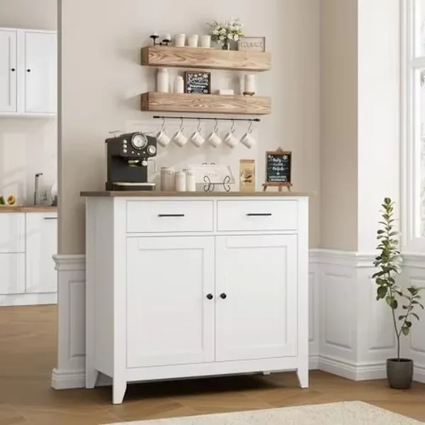 Farmhouse Kitchen Storage Cabinet, Small Buffet, Coffee Bar, White | Buffet Sideboard with 2 Drawers & 2 Doors, 35.8