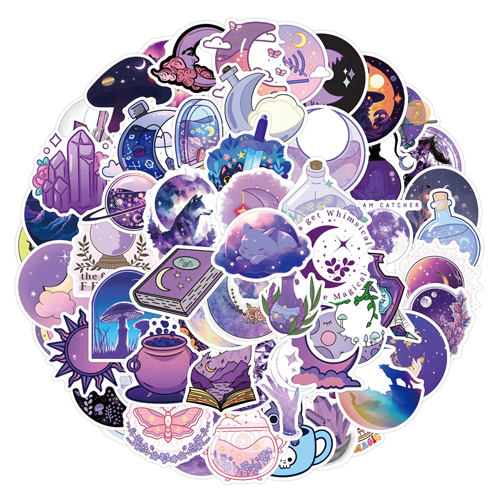 10/30/55/110pcs Cute Purple Magic Crystal Moon Stickers Aesthetic Sticker Decoration Luggage Water Bottle Phone Waterproof Decal
