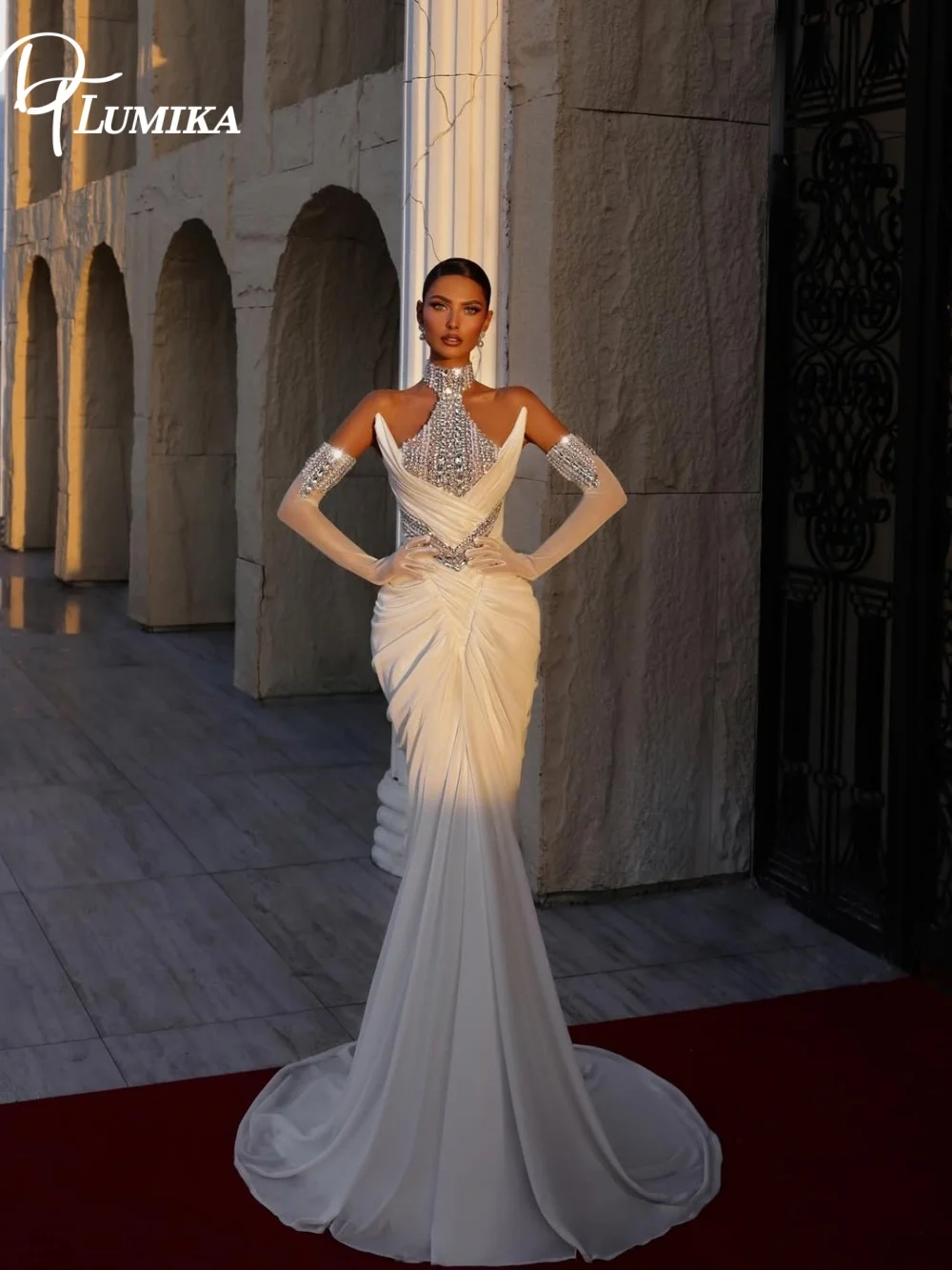 Elegant High Neck Satin Wedding Dress Crystal Details Luxury Bridal Gown 2026 Customized Vestido No Gloves De Novia for Bride