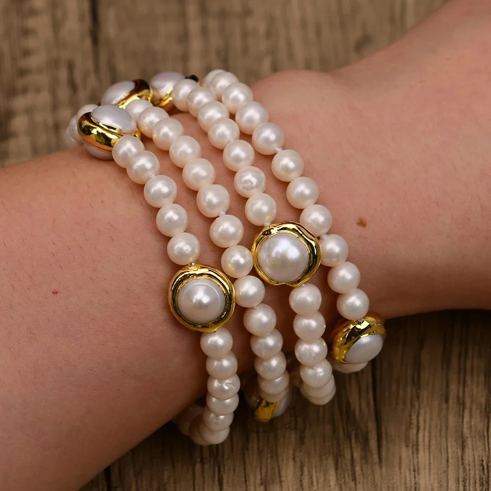 8'' 4 Strands Cultured White Round Pearl Yellow Gold Edge Plated White Pearl Bracelet Lady Party Jewelry Gifts