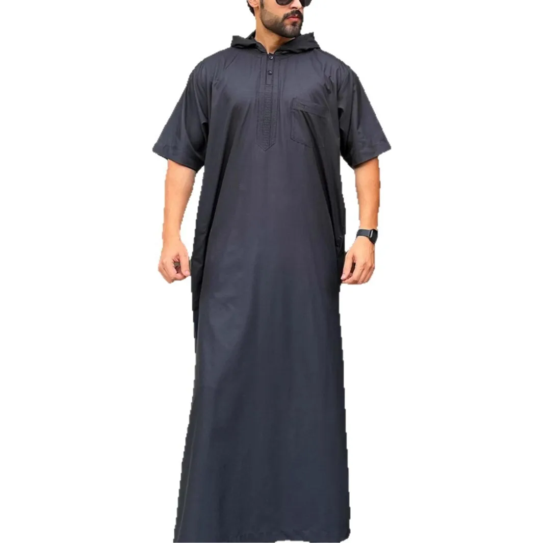 2025年新作 アラビア風 シンプル ロング メンズ パーカー風シャツ ローブ ゆったり 半袖 ローブ アバヤ ラマダン ドバイ 高級 イスラム エレガント