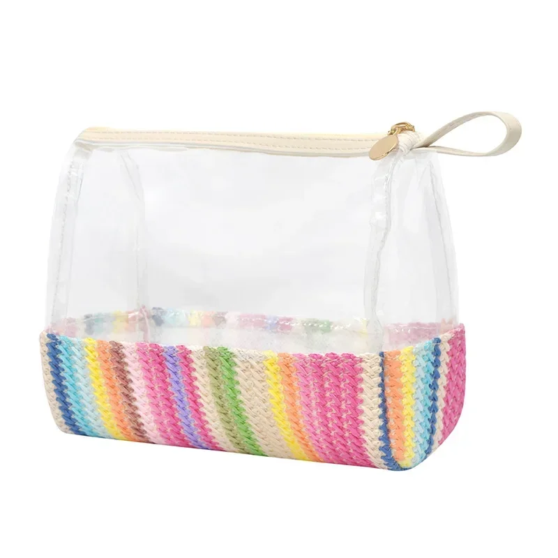 New women's straw woven portable cosmetics storage bag, transparent toiletries, cosmetics, hand carry storage bag