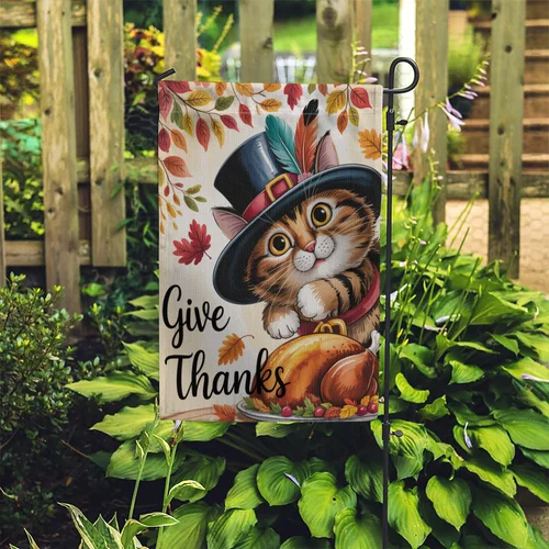 أعط شكرًا لحديقة القطط - كيتي رائعة في قبعة الحاج لتزيين ساحة الخريف JJE