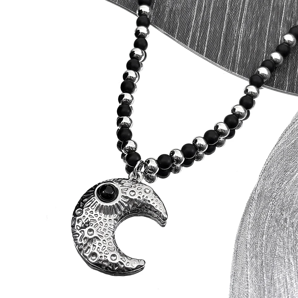 

Crescent Moon Impact Crater Stone Pendant Necklace For Women Men Stainless Steel Silver Color Hematite Beaded Chain Jewelry