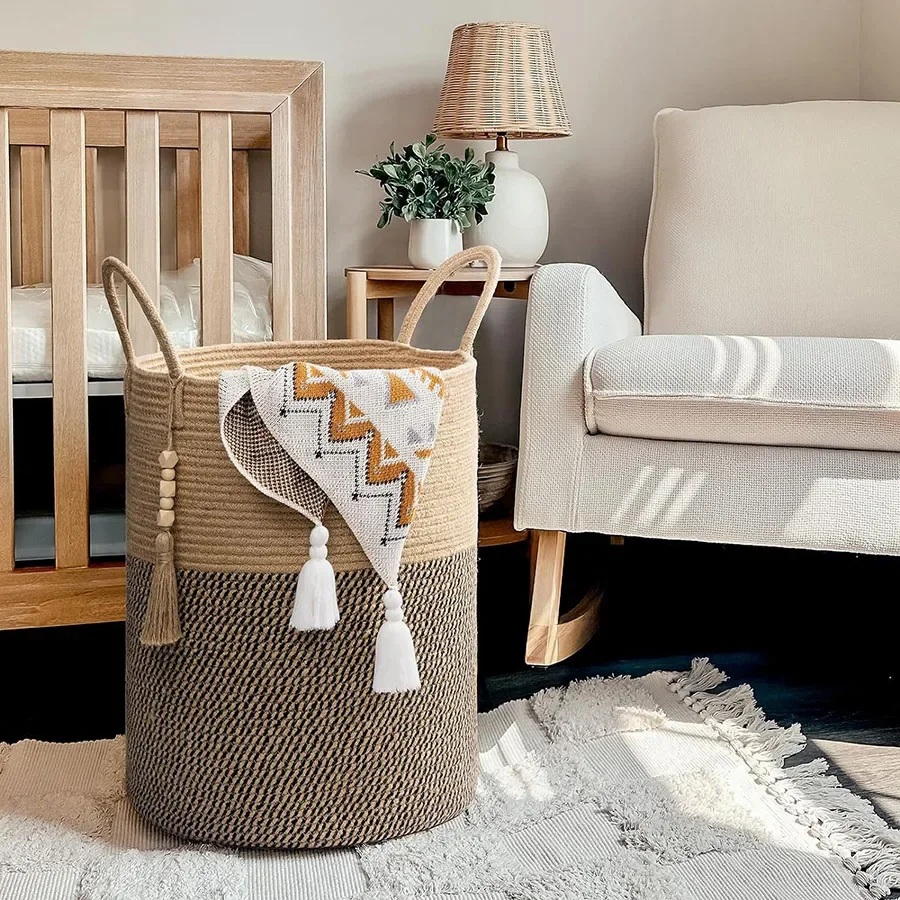 Large Storage Basket Tall Woven Decorative Laundry Hamper with Handles Foldable Cotton Rope for Clothes Kids Toys Living Room