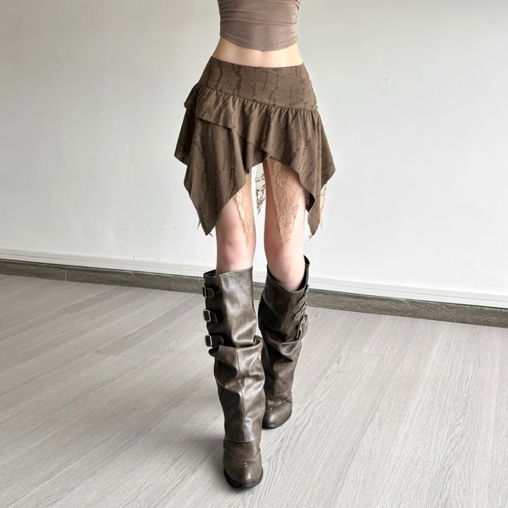 SylCue ตาข่าย Patchwork Mini กระโปรงผู้หญิงเอวยางยืดไม่สม่ําเสมอ Ruched Ruffles High Street สไตล์สบายๆคลาสสิก Bottoms