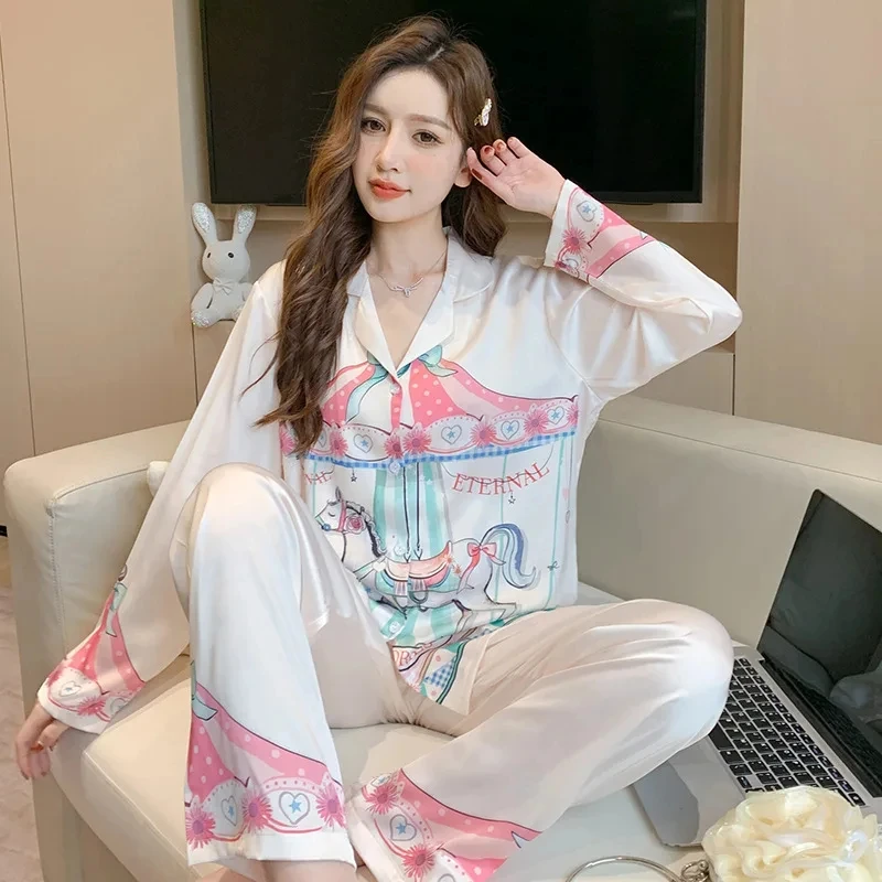 

Fashionable pajamas, women's ice silk spring new long sleeved pants set, cartoon dreamy spinning carriage home clothing