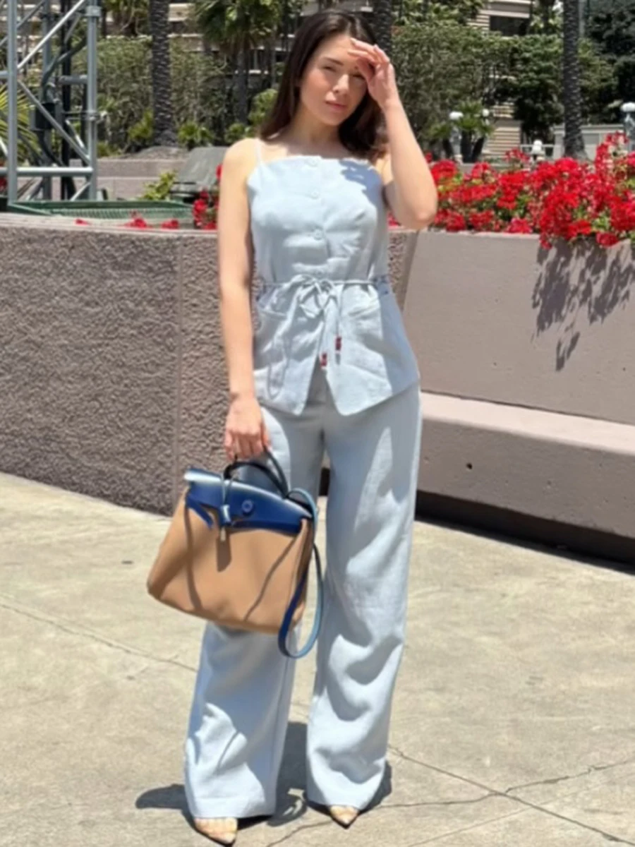 

Beading Lace-up Tank Tops Women Summer New Single Breasted Sleeveless Vest Simple Fashion High Waist Wide Leg Pants 2 Piece Sets