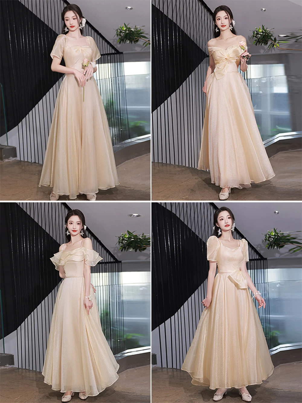 4 Styles Champagne Color Bridesmaid Dress Women's Shinning Fabric Lace Up Sisters Party Gown Wedding Party Guest Vestido