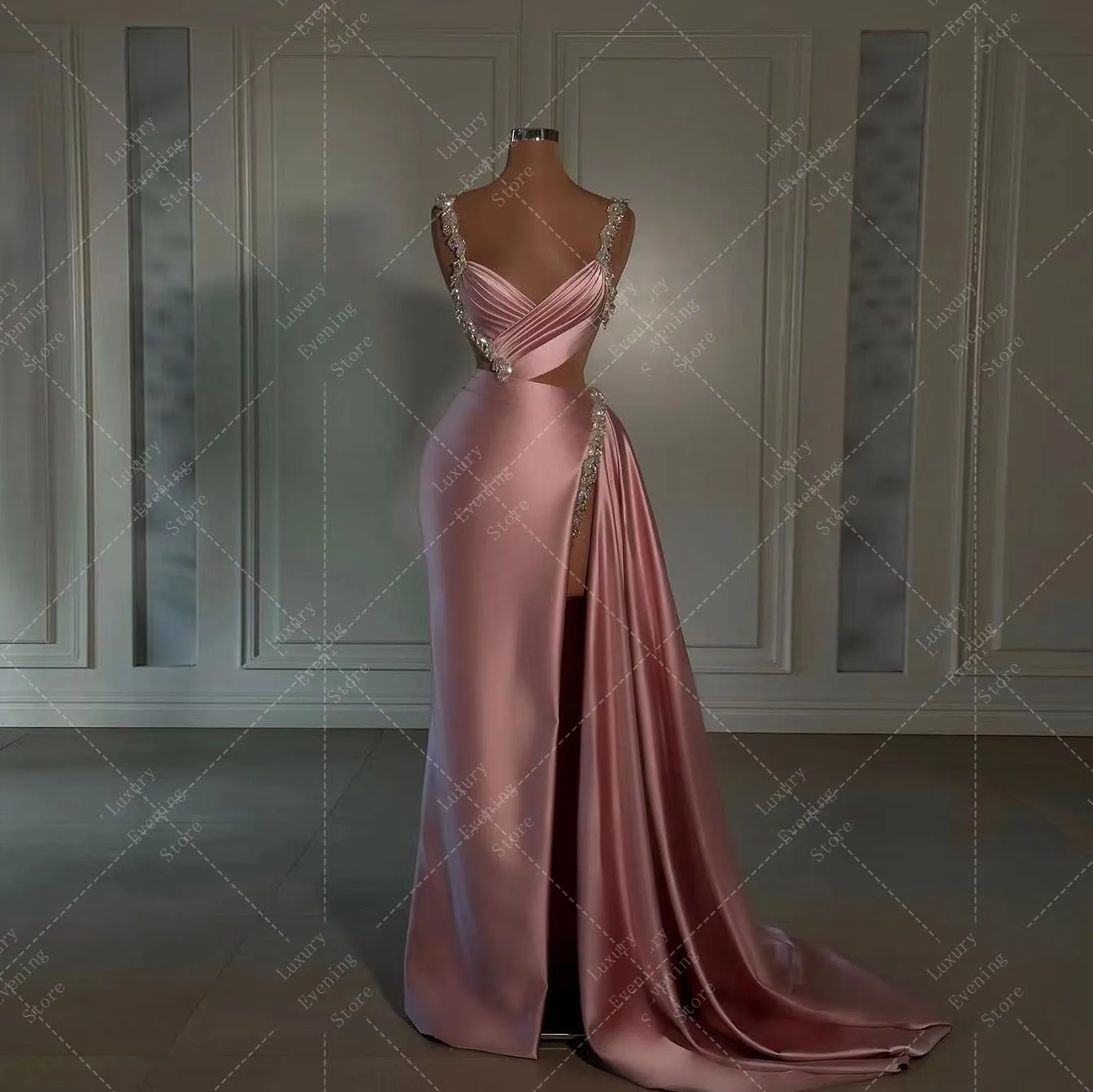 Luxury Celebrity Mermaid Evening Dresses For Woman V Neck Spaghetti Strap Sexy Side High Split Satin Formal Elegant Prom Gowns