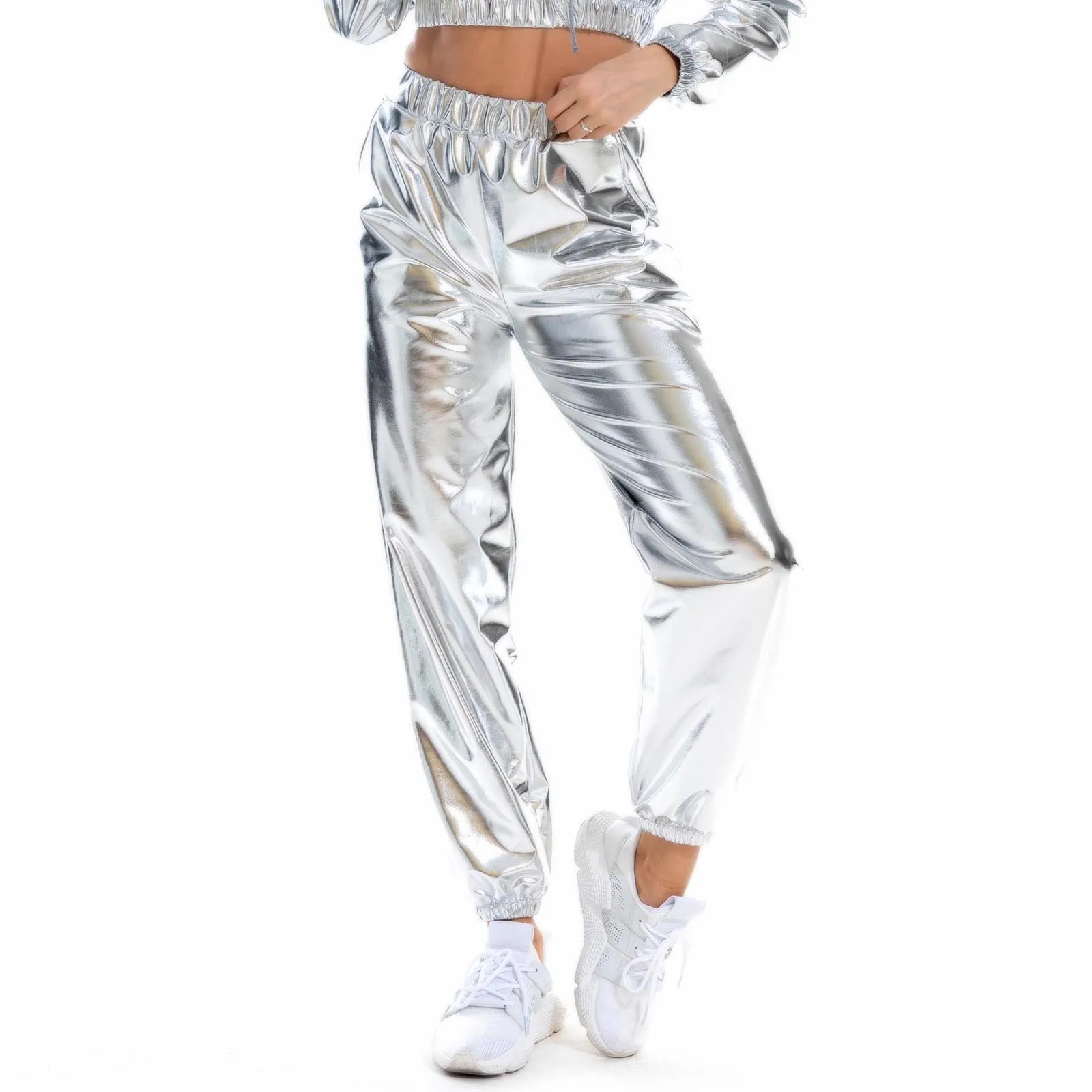 

Women Fashion Pants Loose Casual High Waist Metallic Holographic Nightclub Fashion Hip Hop Slacks Dj Stage Wear Street Trousers