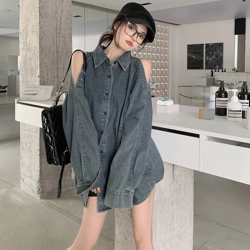 Retro Off Shoulder Denim Shirts Woman 2024 Fashion Single Breasted Mid-Length Coat Women Streetwear Long Sleeve Baggy Blouses