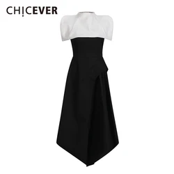 CHICEVER Hit Color Slimming Party Dresses for Women Strapless Off Shoulder Patchwork Folds Split Dress Female Elegant Clothing