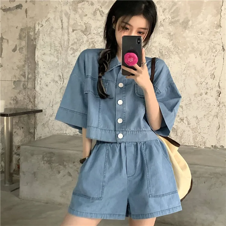 Vintage Matching Sets Turn Down Collar Three Quarter Sleeve Top High Waist Pockets Shorts Solid Color Summer Denim Two Piece Set