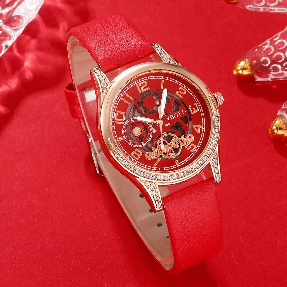 Набор из пяти предметов, женские кварцевые часы, ожерелье, кольцо и серьги