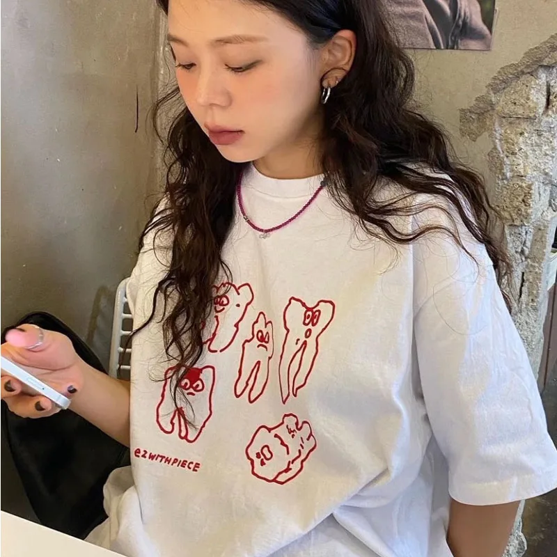 Women\'s Cute Teeth Pattern Short Sleeve T-Shirt Loose Harajuku Tops Summer Cotton T-Shir Korean Streetwear Casual