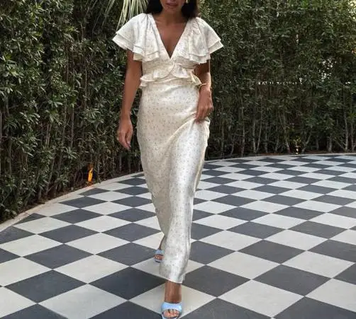 

Summer Sweet and Fresh V-Neck Ruffle Sleeves High Waist One Step Skirt for Women Elegant Flower Print Slimming High Waist Dress