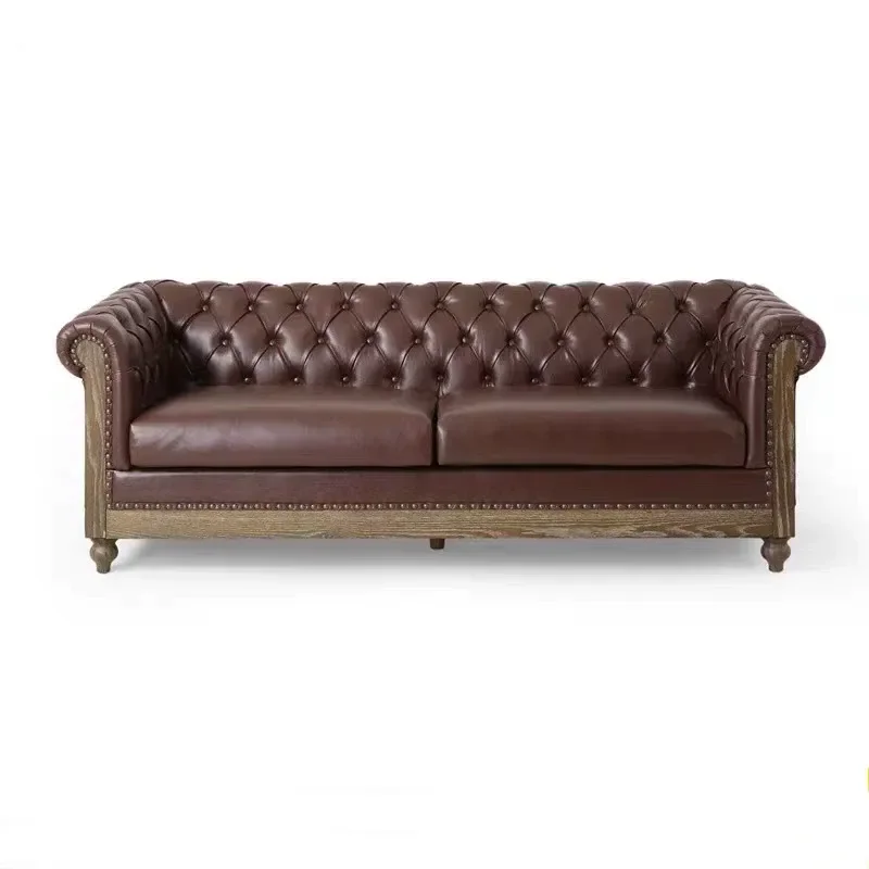 American Rural Style Solid Wood Living Room Sofa Set Simple Fabric Three Seater Couch Compact Leather Sofa for Small