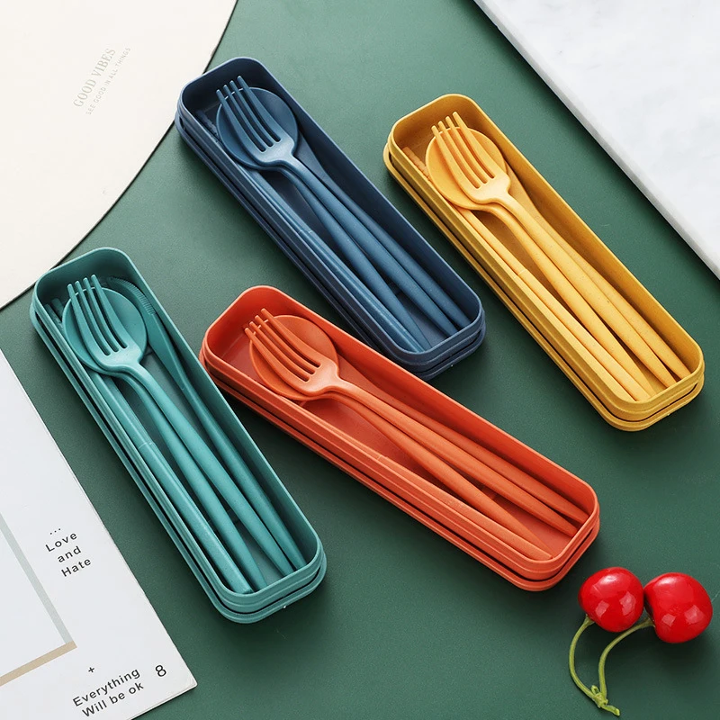 4Pcs Wheat Straw Dinnerware Set Portable Tableware Knife Fork Spoon Eco-Friendly Travel Cutlery Set Utensil Box Chopsticks Set