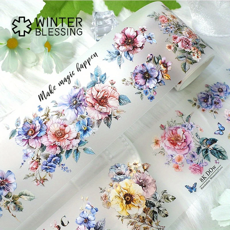 2m/Roll Glossy Floral PET Stickers Flower Decorative Matte Transparent Tape For Scrapbooking Journal Aesthetic Stationery