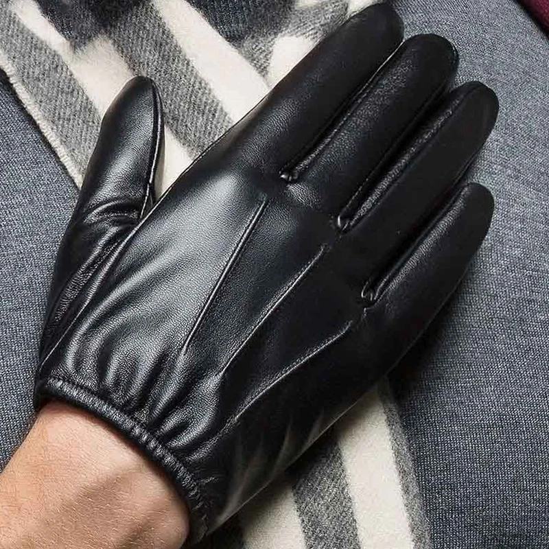 Guantes de lana de cuero PU para hombre, manoplas cálidas, impermeables, gruesas, finas, para montar en exteriores, Unisex, pantalla táctil, Otoño e Invierno