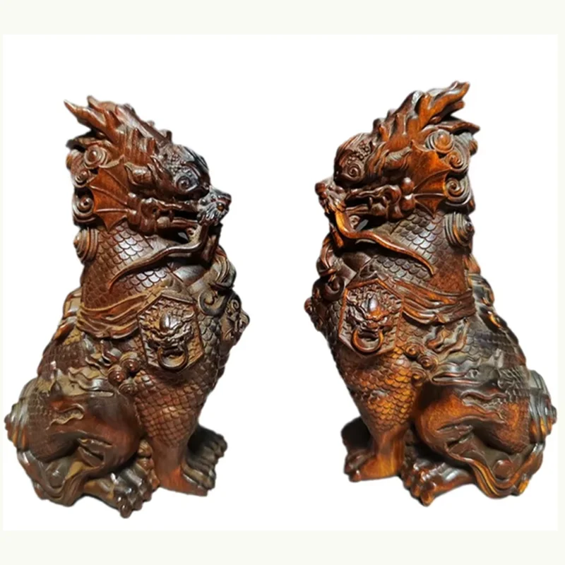 BY218 - 10 x 5 x 6 cm Boxwood Carved Figurine Statue : Pair of Kylin Baby Dragons Stunning