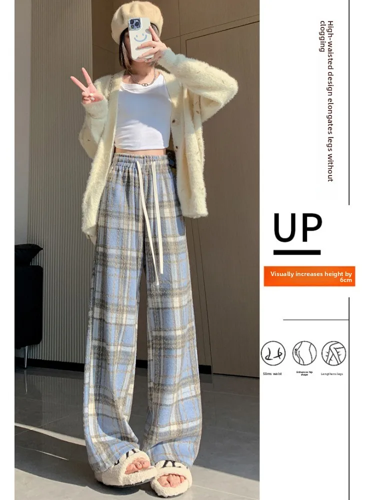Warme, mit Fce gefütterte, karierte Hose mit weitem Bein, hohe Taille, gerader Schnitt, bodenlange Hose, koreanische Sle Commute Faion Damenhose