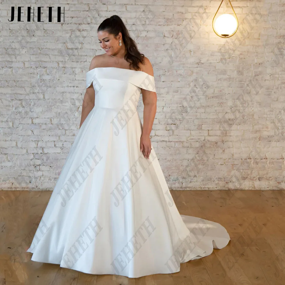 

JEHETH Elegant Off Shoulder Wedding Dress Boat Neck Satin A-Line Bride Gowns Simple Zipper Back Sweep Train vestidos de novia