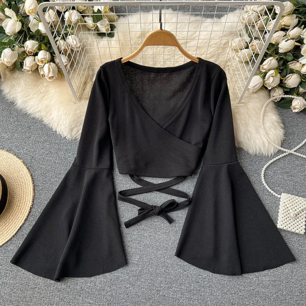 Spring Autumn Design Sense Drawstring Short Sleeve V-neck Bell Sleeve Sexy Belly Button Long Sleeve T-shirt Women Elegant Top...