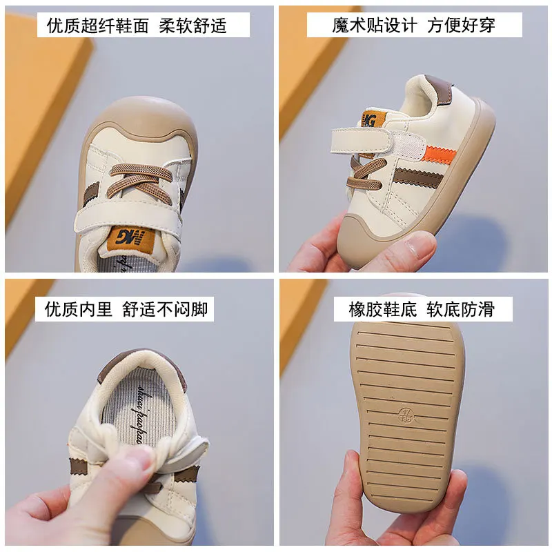 Sneaker Tenis untuk anak laki-laki perempuan, sepatu Sneakers olahraga sol lembut kulit putih kecil untuk anak laki-laki dan perempuan musim semi/musim gugur