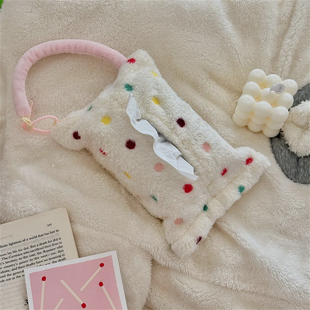 

Ins красочная коробка для салфеток в горошек, мягкая плюшевая подвесная сумка для салфеток, держатель для салфеток для офиса, гостиной, чехол для рисования салфеток в ванной комнате