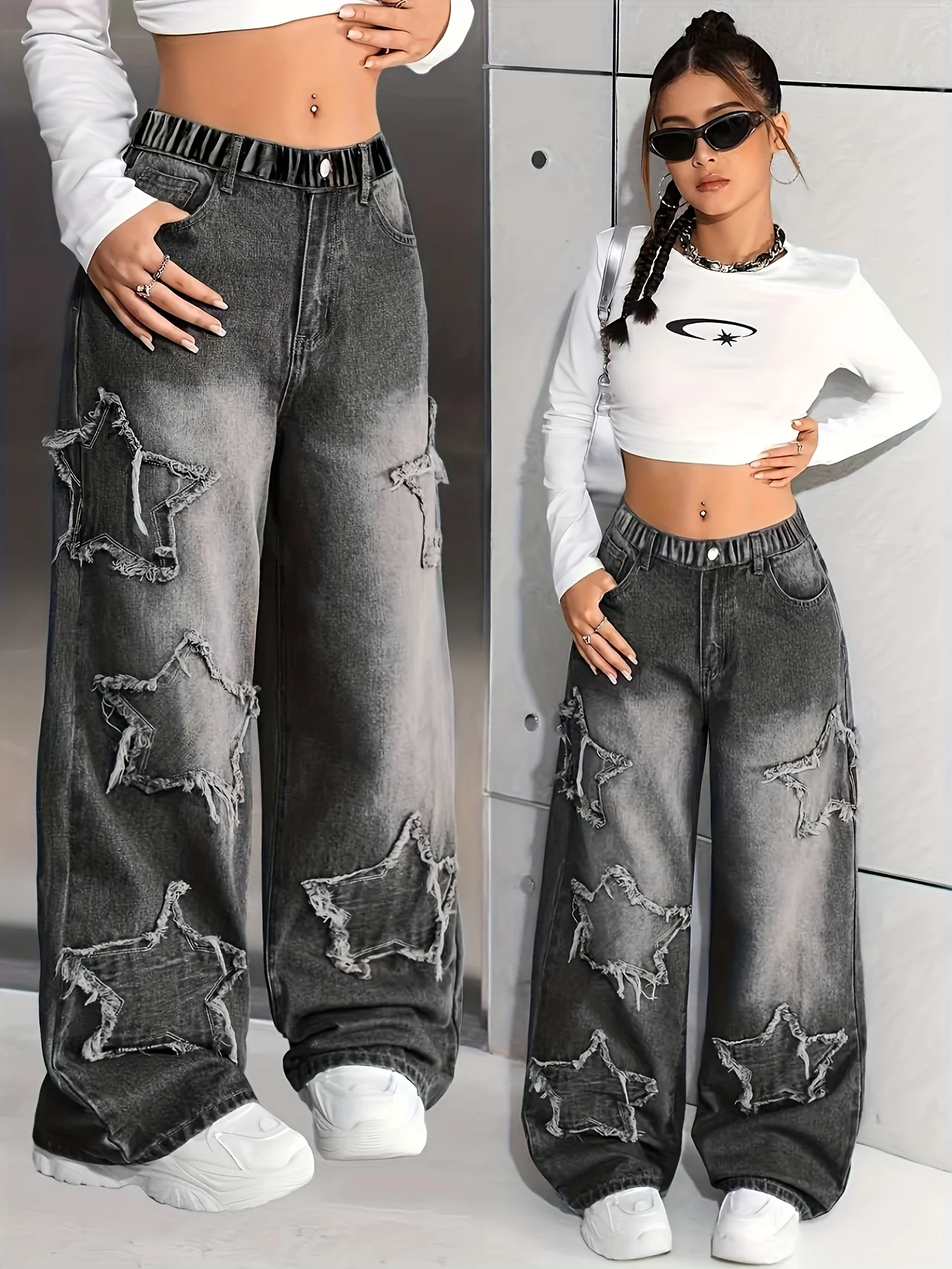 Pantaloni a gamba dritta in denim con motivo patch a cinque stelle stile street cool Y2K da ragazza, pantaloni lunghi invernali e per tutte le stagioni