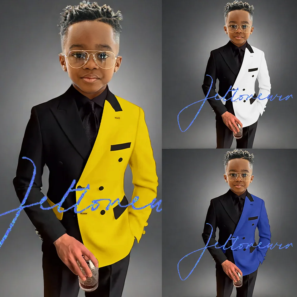 

Colorblock Boys Suit 2 Piece Set Fashion Jacket Pants Double Breasted Design Kids Wedding Tuxedo 2T-16T