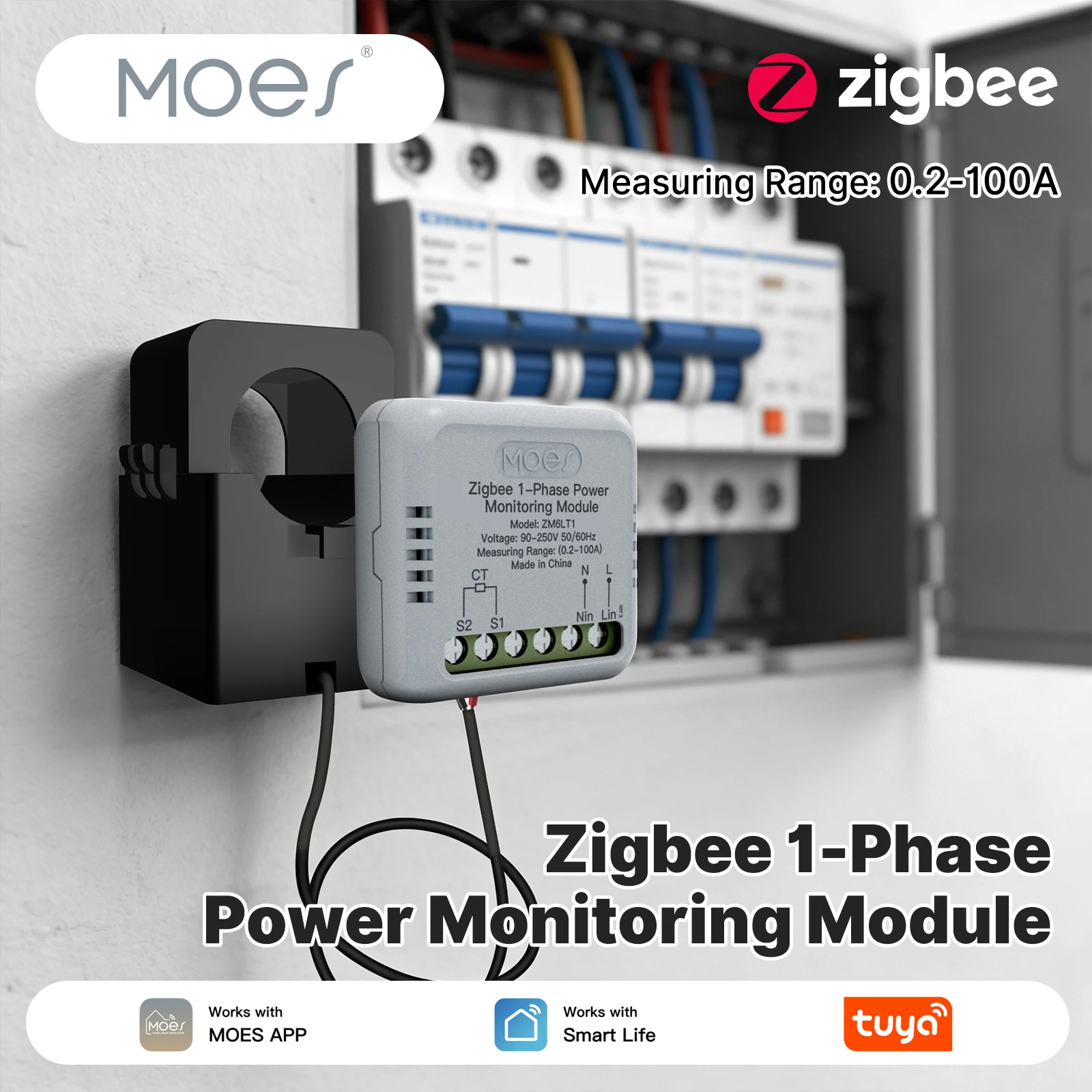 MOES Zigbee Single Phase Energy Monitor 0.2‑100A CT Clamp Bidirectional Power Meter Alarm Tuya Smart Life