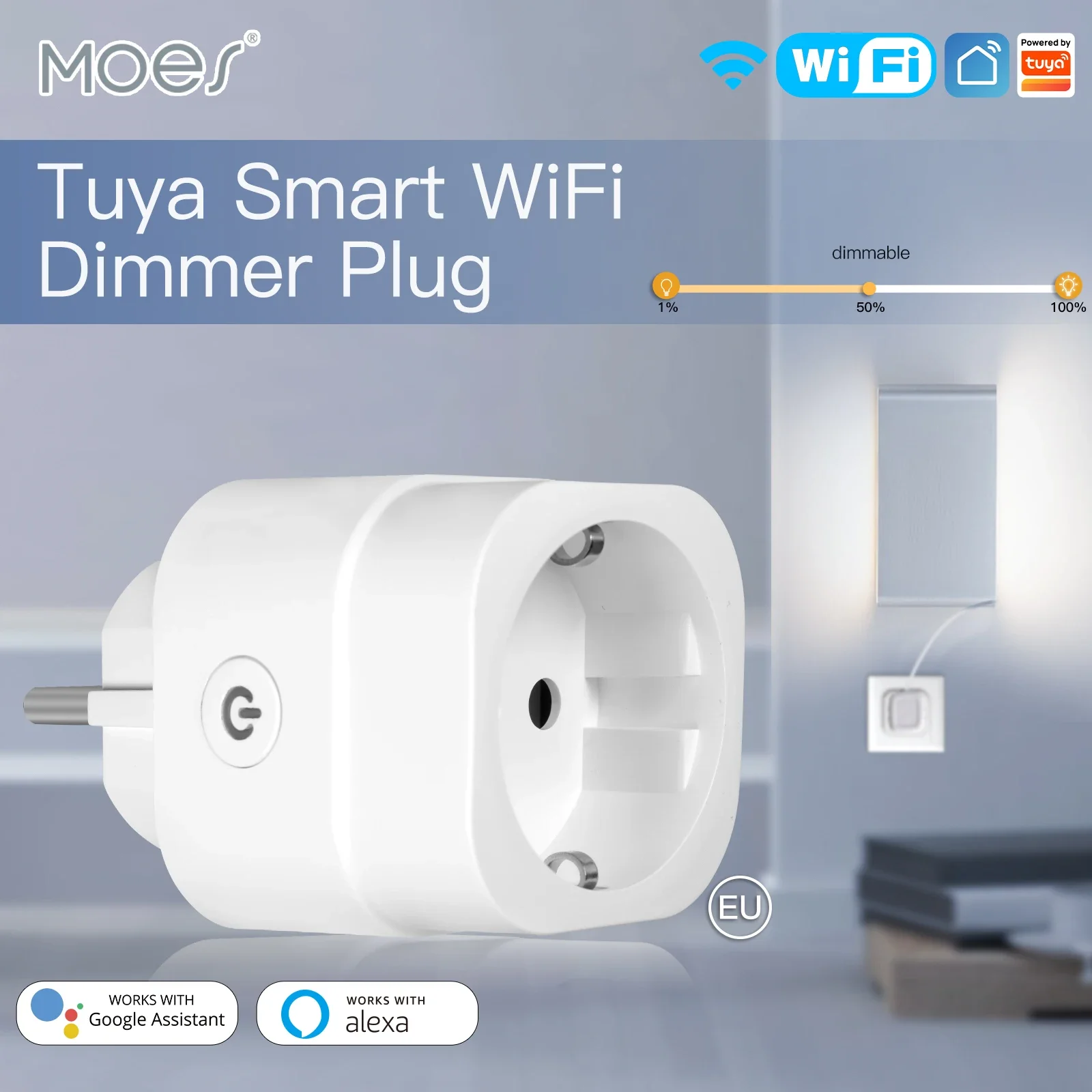 MOES WiFi Smart Power Socket Plug Brightness Adjust Timer For Tuya Smart Life App,Amazon Alexa Google Assistant Voice Control EU