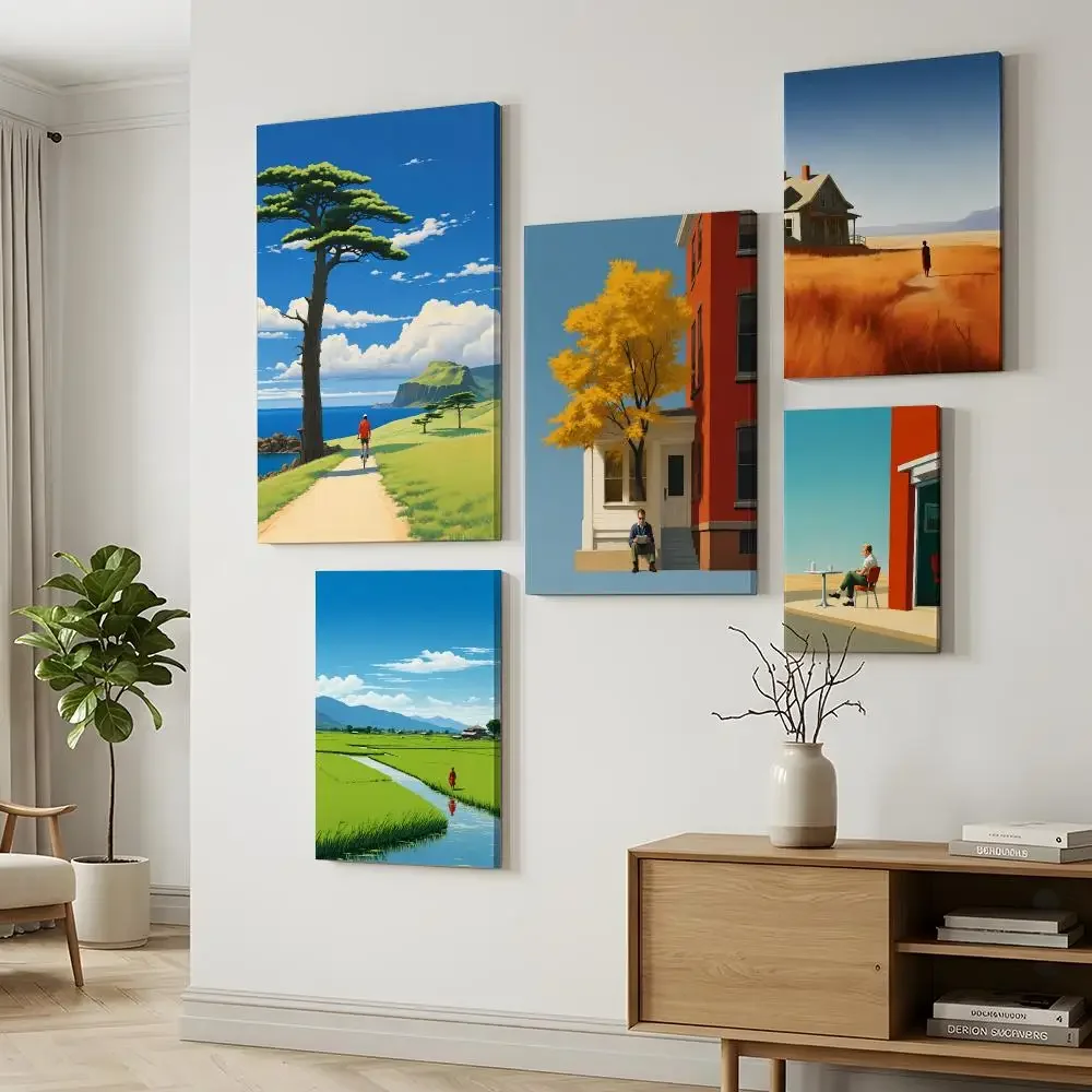 Edward Hopper City Autumn Summer People Cityscapes HD Wood Framed Canvas Poster Wall Art Decor for Bedroom  Office Home