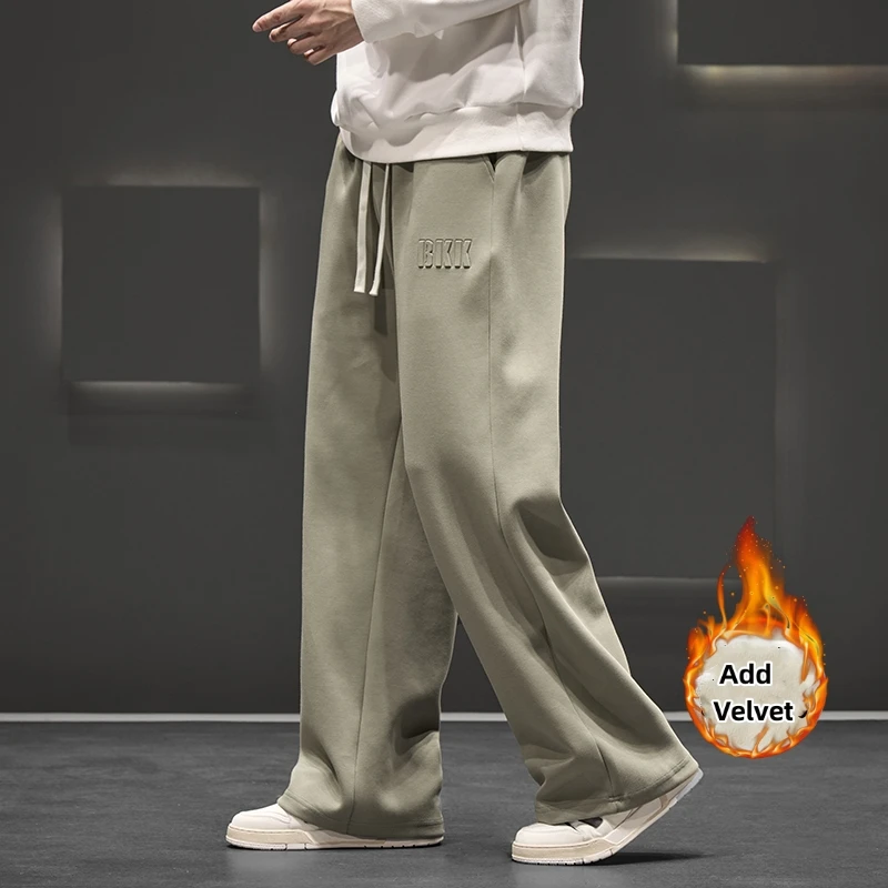 

Winter Velvet New Men Knitted Sports Pant Steel Stamp Printing Wide Leg Casual outdoors Trousers Straight Solid Cotton Fabric