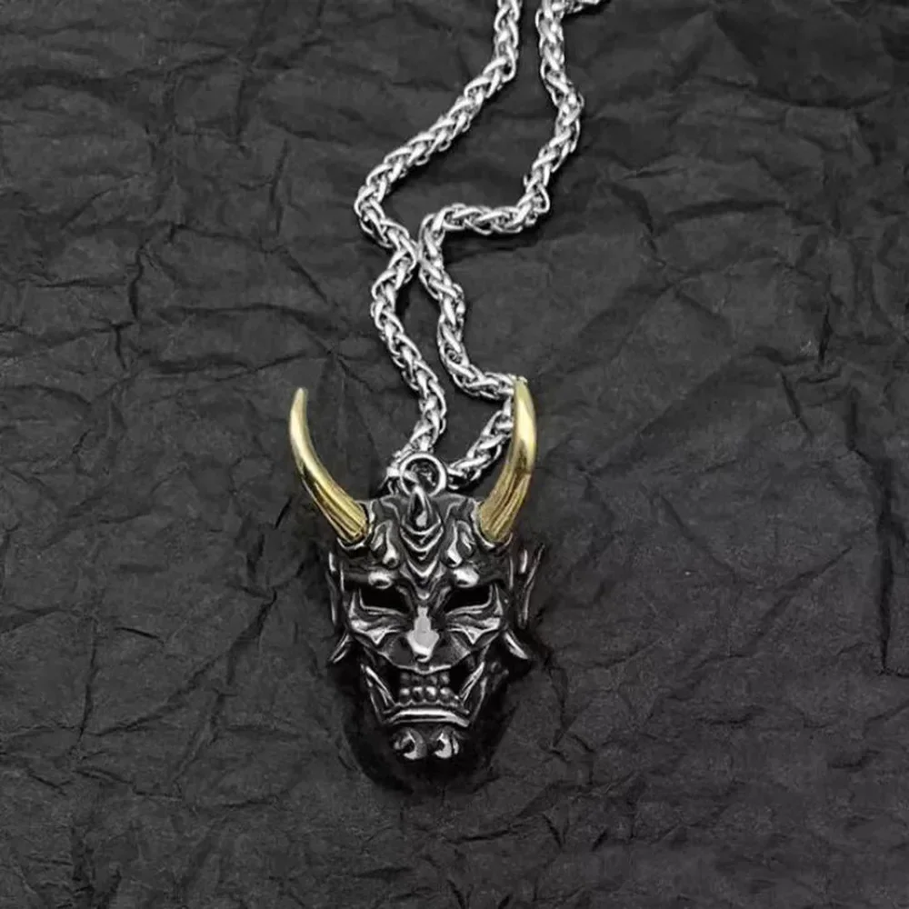 Punk Rock Hip Hop Gothic Antique Silver Gold Color Japanese Fangs Ghost Mask Prajna Warrior Horn Pendant Necklace Vintage