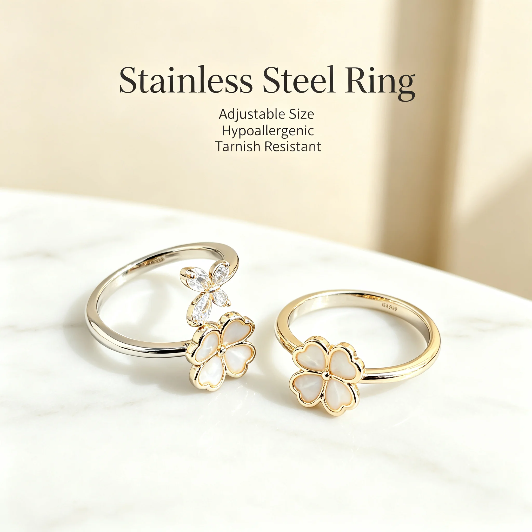 Fashion Butterfly Clover Combination Open Ring Gold Tone Stainless Steel Shell Inlaid Tarnish Resistant Adjustable Women Jewelry