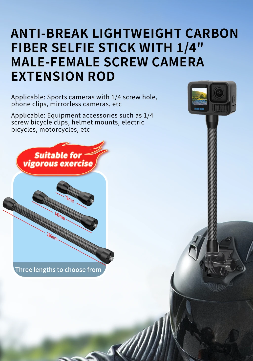 Leichter Carbonfaser-Selfie-Stick Verlängerungsstange 1/4 Zoll Schraube für DJI OSMO 360 Pocket4 für Insta360 X5 X4 für GoPro 13 Kamera – Detail 6
