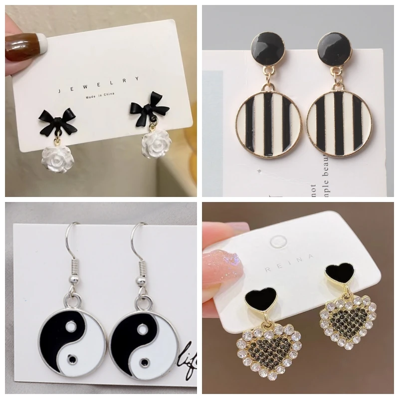 Black White Women\'s Hanging Earrings Hollow Heart Pendants Elegant Female Bowknot Drop Earrings Korean Fashion Ear Decoration